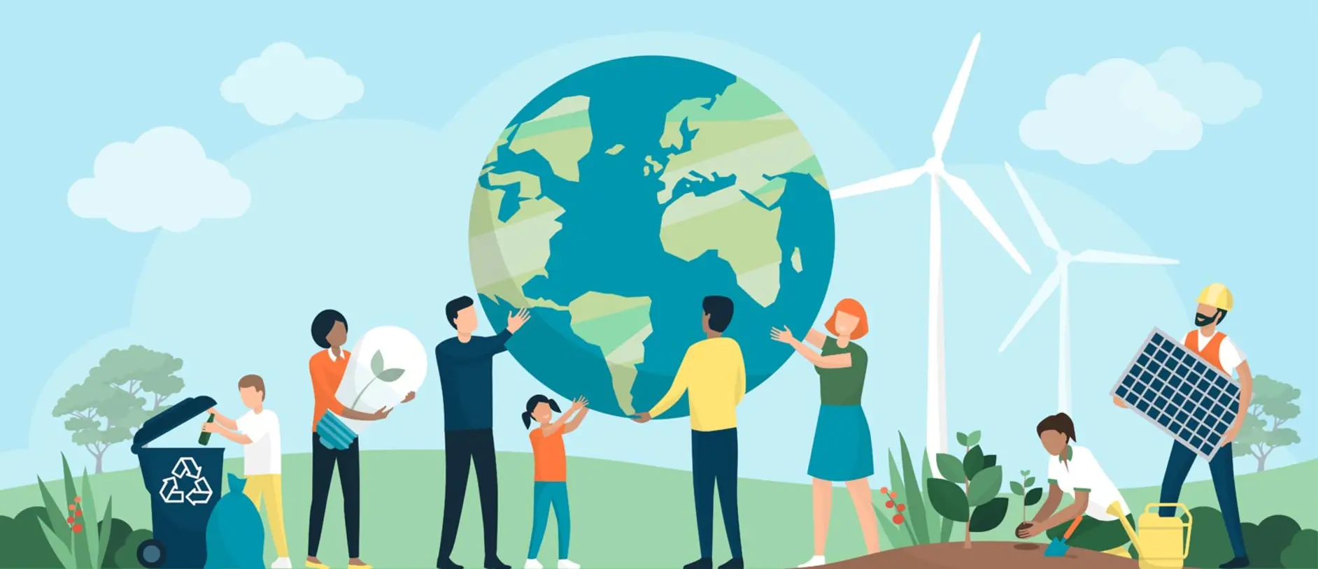 A diverse group of people are engaged in environmental activities, including planting, recycling, and using renewable energy sources. They are surrounded by wind turbines and green landscapes, symbolizing a collective effort to protect the Earth and promote sustainability.
