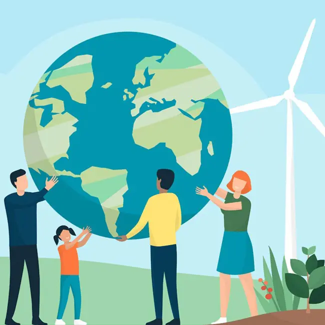 Four diverse individuals are joyfully lifting a large globe, symbolizing unity and care for the Earth. In the background, green plants and wind turbines represent sustainability and environmental awareness. The scene conveys a message of teamwork and commitment to protecting the planet.